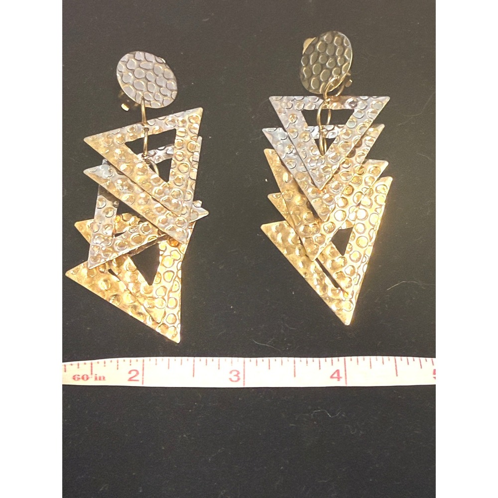 Vintage Two Tone Gold Silver Hammered Tiered Triangle Geometric Clip On Earrings